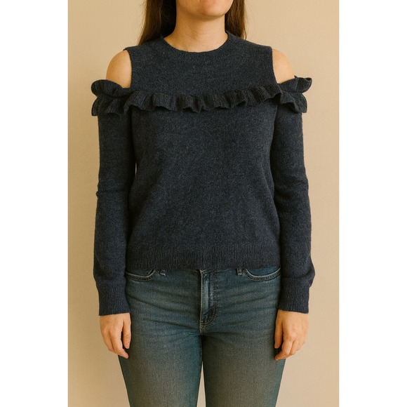 LOFT Medium Blue Cold Shoulder Ruffle Trim Knit Sweater Long Sleeve - Picture 1 of 5